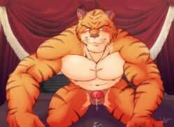 1boy 2016 all_fours anthro biceps black_nose blush brown_fur dripping erection feline funeral-paws fur inner_ear_fluff looking_at_viewer male male_only mammal multicolored_fur muscular muscular_male nipples nude orange_fur pecs penis precum seductive signature smile solo stripes tiger whiskers white_fur