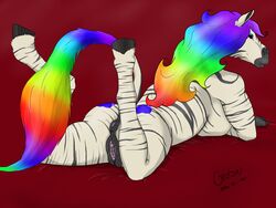 2012 anailaigh anthro anus black_fur equine female fur genital_piercing hair hooves labia_piercing legs_up long_hair long_tail looking_back lying mammal multicolored_eyes multicolored_fur multicolored_hair multicolored_tail on_front orobas_(artist) piercing puffy_anus pussy pussy_piercing rainbow_hair rainbow_tail rear_view red_background signature simple_background solo stripes two_tone_fur white_fur zebra