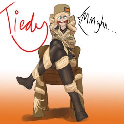 1girls arms_behind_head arms_up blonde_hair bondage bound_ankles bound_arms bound_legs chair chair_bondage cleave_gag clenched_teeth clothed clothing crossed_legs defeated_heroine defeated_with_own_weapon fully_clothed gag gagged gagged_speech guilty_gear guilty_gear_strive hair_bondage leggings long_hair millia_rage muffled_speech self_bondage skin_tight text tied_arms tied_hair tied_legs tied_to_chair tied_up tiedyngagged very_long_hair