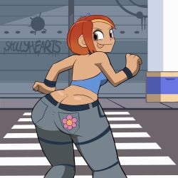 1girls artist_name ass ass_cleavage ass_crack ass_focus big_ass blue_shirt butt_cleavage butt_crack butt_focus butterfly_(planetronika) dancing fully_clothed grey_pants looking_at_viewer looking_back orange_hair planetronika public skullyhearts teasing tongue tongue_out