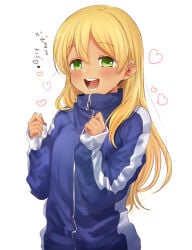 1girl :d blonde_hair blue_jacket blush clenched_hand commentary_request genderswap genderswap_(mtf) green_eyes hands_up heart inazuma_eleven inazuma_eleven_(series) jacket long_hair long_sleeves looking_at_viewer miyasaka_ryou open_mouth simple_background smile solo sportswear tomo_(sjim) track_jacket track_suit translation_request white_background zipper