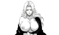 1girls ai_generated bleach breasts_bigger_than_head long_hair matsumoto_rangiku monochrome tagme