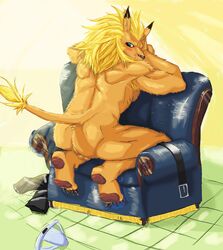 1boy alternate_version_available anthro anus armchair armpit_hair ass backsack balls barefoot blush chair digimon discarded_clothing feline hi_res kneeling leomon lion looking_back male male_only mamaduo mammal muscular nude perineum pinup plantigrade pose rear_view solo