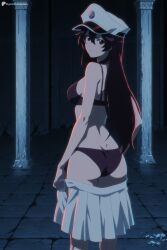 1girl ai_generated ass bambietta_basterbine black_bra black_hair black_panties bleach bra breasts brown_eyes closed_mouth clothes_pull digitalwaifugallery from_behind hair_between_eyes hat hi_res high_quality high_resolution long_hair looking_at_viewer looking_back medium_breasts military_hat panties patreon patreon_logo patreon_username peaked_cap pillar pleated_skirt seductive sexy skirt skirt_pull smile solo standing uncensored underwear undressing watermark white_headwear white_skirt