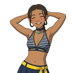 ai_generated armpits avatar_the_last_airbender belly_button bikini blushing brown_hair cleavage dark_skin eyes_closed hair_loopies halterneck hands_behind_head hip_sway midriff necklace skirt small_breasts smiling standing swimsuit teen teenage_girl teenager