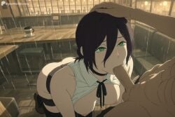1boy 1girl ai_generated all_fours ass black_choker black_hair black_ribbon black_shorts black_thighhighs blush breasts breasts_out chainsaw_man choker collared_shirt cup digitalwaifugallery erection fellatio green_eyes hair_between_eyes hair_bun hand_on_another's_head hetero hi_res high_quality high_resolution indoors looking_up medium_breasts neck_ribbon nipples open_clothes open_shirt oral patreon patreon_username penis rain reze_(chainsaw_man) ribbon seductive sexy shirt short_hair shorts shorts_pull single_hair_bun sleeveless sleeveless_shirt solo_focus thighhighs uncensored watermark white_shirt