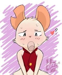 anthro big_ears blush blush_lines bodily_fluids cheek_tuft clothed clothing disembodied_penis duo eyebrows facial_tuft fellatio female fur genitals glacefrostbite heart_symbol hi_res mammal mina_(mina_the_hollower) mina_the_hollower mouse murid murine oral oral_penetration penetration penile penis pink_nose question_mark rodent sex simple_background sweat topwear tuft vest white_body white_fur yacht_club_games