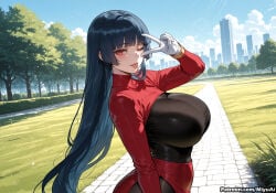 1girl ai_assisted ai_generated bangs black_hair blue_sky blunt_bangs breasts covered_nipples curvaceous curvy curvy_female curvy_figure day eyebrows_visible_through_hair female gloves gym_leader hime_cut huge_breasts long_hair looking_at_viewer miyuai one_eye_closed outdoors pokemon red_eyes sabrina_(pokemon) sky smile solo thick thick_ass thick_butt thick_hips thick_legs thick_thighs tongue tongue_out tree v very_long_hair voluptuous voluptuous_female white_gloves wide_hips wide_thighs