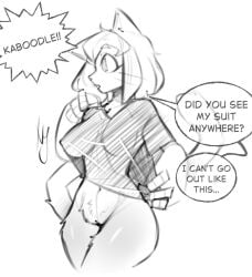 black_and_white bottomless bubbles cat_ears cat_tail catgirl dialogue dressing english_text fluffy furry gameoverse ivylily kit_(gameoverse) kit_bodega neko nekomimi solo speech_bubble text thighs translucent_clothing whiskers