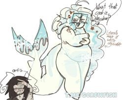 blush breasts brown_eyes cuntboy curly_hair fish_tail glasses male original original_character selfharm_scars shark shark_tail tattoo white_background white_body white_hair