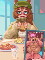 1girl ahoge animal_ear_fluff averting_eyes blonde_hair blush braid breasts brown_hair burger commentary cup dark-skinned_female dark_skin double-parted_bangs drinking_glass ears_through_headwear english_commentary food french_fries glasses green_eyes green_hat hair_over_shoulder hat hdoomguy highres holding holding_burger holding_food holding_phone indie_virtual_youtuber indoors juxtaposition large_breasts mint_castella mint_castella_(gyaru) mint_castella_(winter) nipples official_alternate_costume open_mouth penis phone pixel_art plate pov scarf semi-rimless_eyewear sex single_braid sleeves_past_wrists solo_focus testicles under-rim_eyewear v vaginal wavy_mouth
