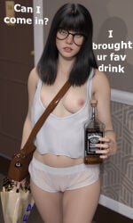 3d alcohol alcohol_bottle alcoholic_drink bangs breasts breasts_out camel_toe cameltoe cheating cheating_wife condom condom_box condoms drunk english_text glasses gym_shorts hallway hdr_ntrgirl hdregrets looking_at_viewer midriff qos queen_of_spades see-through see-through_clothing shorts talking_to_viewer text wedding_ring wife