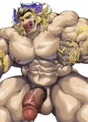 1boy abs absurdres bara beard biceps blonde_hair blush commentary completely_nude cow_boy cow_horns erection facial_hair furry furry_male gugalanna_(housamo) hand_tattoo highres horns looking_at_viewer male_focus muscular muscular_male navel negitsururu nipples nude open_mouth pectorals penis smile sweat tattoo testicles tokyo_afterschool_summoners tongue tongue_out untranslatable_commentary veins veiny_arms veiny_penis white_background yaoi