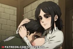 1boy 1girl ai ai_art ai_generated between_breasts black_eyes black_hair blush breasts breasts_out brick_wall closed_mouth collared_shirt emblem head_between_breasts heart hetero hug indoors jacket large_breasts medium_breasts medium_hair nipples no_bra open_clothes paradis_military_uniform pieck_finger ponytail shingeki_no_kyojin shirt short_hair smile survey_corps_(emblem) thick_eyebrows upper_body white_shirt