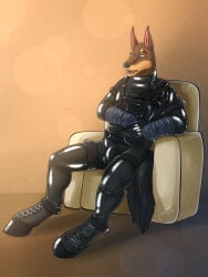 2015 3:4 absurd_res anthro armchair balls_outline bdsm black_bodysuit black_clothing black_harness black_latex black_nose black_skinsuit blue_eyes bodysuit bulge canid canine canis chair clothed clothing dated detailed_bulge domestic_dog fangs front_view furniture genital_outline harness hi_res hufnaar latex latex_bodysuit latex_clothing latex_skinsuit male male_anthro mammal open_mouth petplay red_tongue roleplay sheath_outline signature sitting skinsuit solo teeth tight_clothing tongue tongue_out