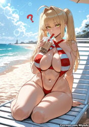 1girl ? ahoge ai_assisted ai_generated bangs beach bikini blonde_hair blush breasts bubble_tea_challenge cleavage collarbone criss-cross_halter cup curvaceous curvy curvy_female curvy_figure day drinking_straw eyebrows_visible_through_hair fate/grand_order fate_(series) female green_eyes hair_between_eyes hair_intakes halterneck huge_breasts long_hair looking_at_viewer miyuai navel nero_claudius_(fate) nero_claudius_(fate)_(all) nero_claudius_(swimsuit_caster) nero_claudius_(swimsuit_caster)_(fate) ocean red_bikini sidelocks sitting solo striped swimsuit thick thick_ass thick_butt thick_hips thick_legs thick_thighs thighs twintails umbrella voluptuous voluptuous_female water wide_hips wide_thighs