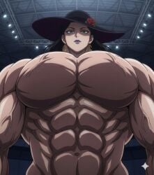 1girls abs ai_generated black_hair body_bigger_than_head boku_no_hero_academia buff_female deborah_gollini earrings flower_on_hat green_eyes hat hyper_muscles looking_at_viewer muscular_arms muscular_breasts muscular_female my_hero_academia purple_lipstick rose shirtless shirtless_female