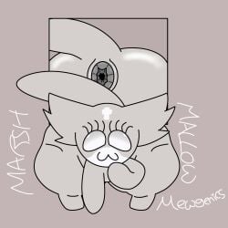 :3 anus big_butt butt domestic_cat felid feline felis female feral gaping gaping_anus hi_res looking_at_viewer mammal marshmallow_(mewgenics) mewgenics mirror mirror_reflection puffy_anus reflection solo souljulius31uwu text thick_thighs wide_hips writing_text