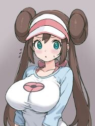 1girl ai_generated alternate_breast_size_(larger) aqua_eyes blush breasts brown_hair collarbone commentary_request double_bun eyelashes grey_background hair_between_eyes hair_bun impossible_clothes impossible_shirt large_breasts long_hair looking_at_viewer open_mouth pantyhose pokemon pokemon_black_2_and_white_2 raglan_sleeves rosa_(pokemon) shirt simple_background solo teenage_girl three-quarter_sleeves twintails upper_body visor_cap