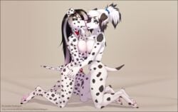 2016 anthro blue_eyes breast_squish breasts breasts_frottage canine chest_tuft claws collar dalmatian detailed duo eye_contact female french_kiss fur gorsha_pendragon green_eyes hair half-closed_eyes hand_behind_back hand_on_hip hi_res kara_resch kissing kneeling long_hair mammal multi_nipple nadine_(dalmatiannadine) nipples nude pawpads ponytail presenting sideboob simple_background spots spotted_fur tied_hair toe_claws tuft yuri