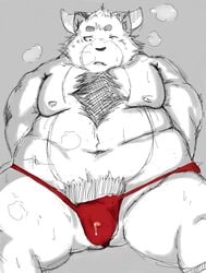 1boy 2016 anthro balls bear belly chest_tuft clothing demon erection fur hi_res horn loincloth male male_only mammal moobs navel nipples overweight overweight_male penis simple_background slightly_chubby solo tuft ursso_(artist) ursso_(character)