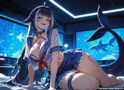 1girl :d ahoge ai_assisted ai_generated arm_support bangs barefoot bird black_hair blue_hair blue_skirt blunt_bangs blush breasts choker cleavage collarbone crop_top curvaceous curvy curvy_female curvy_figure eyebrows_visible_through_hair female fish half-closed_eyes indie_virtual_youtuber indoors large_breasts long_hair looking_at_viewer midriff miniskirt miyuai navel night open_mouth pleated_skirt pool purple_eyes sailor_collar school_uniform serafuku shark_girl shirt short_sleeves shylily skirt smile solo tattoo thick thick_ass thick_butt thick_hips thick_legs thick_thighs thigh_strap thighs very_long_hair voluptuous voluptuous_female vtuber watermark white_shirt wide_hips wide_thighs window