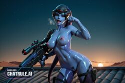 1girl ai_assisted ai_generated aiming_at_viewer aroused_face bare_shoulders confident contrapposto cowboy_shot desert dynamic_pose erect_nipples heavy_breathing holding_gun large_areola legs_apart lewd_expression long_nipples looking_at_viewer navel night nude oiled_body open_mouth outdoors overwatch paw_pose posing puffy_areola pussy_juice_leaking rooftop saliva_dripping skindentation sky smile smirk sniper_rifle sun sweating tongue_out