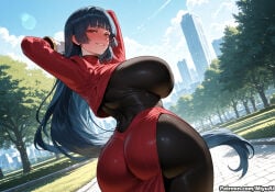 1girl ai_assisted ai_generated ass bangs black_hair blue_sky blunt_bangs blush breasts cloud cropped_jacket curvaceous curvy curvy_female curvy_figure day female gym_leader huge_breasts long_hair looking_at_viewer looking_back miyuai outdoors pokemon red_eyes sabrina_(pokemon) sky smile solo sunlight thick thick_ass thick_butt thick_hips thick_legs thick_thighs thighs tree very_long_hair voluptuous voluptuous_female wide_hips wide_thighs