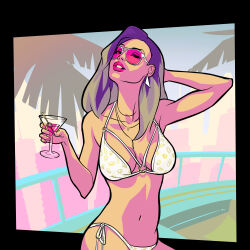 2d 2d_(artwork) 2d_artwork bare_shoulders beautiful_woman belly bikini brown-haired_female brown_hair cleavage collarbone grand_theft_auto grand_theft_auto_vi karsten_schreurs large_breasts long-haired_female mature_woman navel necklaces palm_trees pink_lipstick pinup pool_party_girl_(gta_vi) rockstar_games sunglasses uninterested_female white_bikini wine_glass