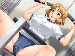 bare_legs blonde_hair bloomers blush breasts buruma covered_nipples dutch_angle endou_mitsu erect_nipples exercise exercise_machine female game_cg gym gym_uniform hair highres indoors large_breasts looking_at_viewer mole mole_under_mouth najimi_no_obachan:_batsuichi_jukujo_to_inran_miboujin purple_eyes short_hair short_sleeves sitting smile solo spread_legs vibrator vibrator_under_clothes