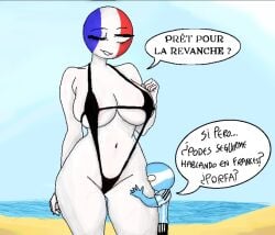 1boy 1boy1girl 1girl 1girls argentina argentina_(countryhumans) beach bikini black_bikini countryhumans countryhumans_girl dominant_female female female_focus france france_(countryhumans) giant giant_female giantess hetero heterosexual huge_breasts male milf size_difference sling_bikini spanish_dialogue spanish_text taller_female taller_male