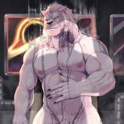1boy abs alien artist_name bara battle_beast battle_beast_(invincible) biceps black_hole braid claws commentary completely_nude english_commentary fangs fangs_out furry furry_male gay glowing glowing_eyes highres invincible_(series) looking_at_viewer lunarlionarts male_focus muscular muscular_male nipples nude pectorals penis penis_peek smile thokk_(invincible) twitter_username wet white_fur white_hair yaoi