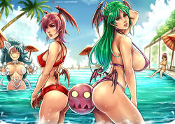 1girls ass bikini breasts cleavage darkstalkers felicia_(darkstalkers) female female_only head_wings kachima large_breasts lilith_aensland looking_at_viewer looking_back medium_breasts morrigan_aensland sisters small_breasts solo succubi succubus succubus_wings swimsuit water