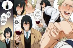 2male 2males 2man 2men ai-created ai_art ai_generated big_ass_looover black_hair blonde_hair clothed_sex dialogue drunk drunk_sex elegant_clothes formal_clothes gay gay_sex homosexual homosexual_sex loid_forger male_only masculine_bottom riding riding_cock riding_penis smiling spy_x_family wine wine_glass yuri_briar