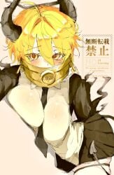 1girl black_halo black_hands black_necktie black_skirt blonde_hair blush breasts breasts_press breasts_pressed_together chain collar colored_extremities commentary demon_girl demon_tail don_quixote_(limbus_company) e.g.o_(project_moon) gold_collar halo heart heart_eyes highres horns index_(identity)_(project_moon) index_don_quixote large_breasts limbus_company looking_at_viewer necktie procuration_(e.g.o) project_moon ritaritatter96 shirt short_hair skirt solo tail white_background white_shirt