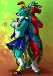 2015 abstract_background anthro blonde_hair blue_body blue_bottomwear blue_cape blue_clothing blue_fur blue_skirt bottomwear brown_bottomwear brown_clothing brown_loincloth cape clothing crossed_arms dated deer duo ear_piercing ear_ring equid equine fur genitals glans grey_hair grey_penis grey_tail hair hi_res horse hufnaar loincloth male male_anthro mammal mouth_closed multicolored_hair narrowed_eyes penis piercing pink_glans red_body red_eyes red_fur ring_piercing side_view signature skirt slim_anthro slim_male standing striped_genitalia striped_penis stripes tail two_tone_hair unusual_antlers white_body white_fur yellow_eyes yellow_penis yellow_tail