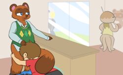 2015 animal_crossing animal_crossing_boy anthro apollo_(animal_crossing) blue_eyes bottomless brown_fur brown_hair clothed duo duo_focus fellatio frumples fur furry gay group human human_on_anthro interspecies male male/male male_only mammal nintendo oral public sex tanuki tom_nook villager_(animal_crossing) zucker_(animal_crossing)