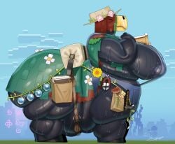 absurd_res anthro bell big_breasts big_butt bodily_fluids breasts butt clothing female flower hi_res huge_breasts huge_butt microsoft minecraft mojang overalls overweight perotoart plant potion sniffer_(minecraft) sniffer_florist_(perotoart) solo sweat taur xbox_game_studios