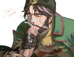 2boys absurdres bara beard brown_hair commentary cum cum_on_body dated erection facial facial_hair fellatio foreskin grabbing_another's_penis green_hat green_jacket grey_hair hat highres igor_(reverse:1999) ivan_(reverse:1999) jacket looking_at_penis male_focus military_uniform multicolored_hair multiple_boys notice_lines one_eye_closed open_fly open_pants oral pants penis reverse:1999 sex shin_0z shin_ivanigor signature untranslatable_commentary veins veiny_penis white_background yaoi