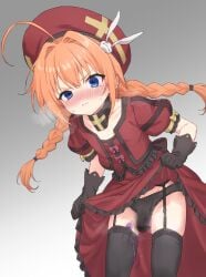 1girl absurdres ahoge bent_over beret black_collar black_garter_straps black_gloves black_panties black_thighhighs blue_eyes blush bow bow_panties braid braided_twintails choppy_bangs clothes_lift collar commentary_request commission cowboy_shot frilled_shirt frilled_skirt frilled_sleeves frills from_below garter_straps gloves gradient_background grey_background grimace hair_intakes hat highres jacket lifting_own_clothes long_hair long_sleeves looking_at_viewer looking_down lyrical_nanoha manbo2024 motion_blur nose_blush open_clothes open_jacket orange_hair panties pink_bow pussy_juice red_hat red_jacket red_shirt red_skirt sex_toy shirt short_sleeves skeb_commission skirt skirt_lift sleeve_bow solo standing steaming_body tearing_up thighhighs underwear v-shaped_eyebrows vibrator vibrator_in_thighhighs vibrator_under_clothes vibrator_under_panties vita_(nanoha) yellow_bow