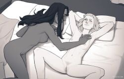 2girls artist_name bed bed_sheet bedroom black_hair blush breast_size_difference breasts clitoral_hood completely_nude dark-skinned_female dark_skin ear_piercing earrings erect_nipples female_pubic_hair greyscale half-closed_eyes hand_on_another's_chest height_difference humanized labia long_hair looking_at_another lying lying_on_back lying_on_bed lying_on_side marina_(splatoon) mole mole_under_mouth monochrome nipples one_eye_closed pearl_(splatoon) poochiccini pubic_hair pubic_hair_peek pussy romantic romantic_couple sideass slight_blush small_breasts smile splatoon spread_legs trimmed_pubic_hair watermark white_hair wholesome yuri