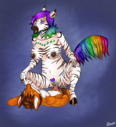 2013 anailaigh anthro areola black_fur black_nipples blue_background blue_eyes breasts brown_fur brown_hair canine closed_eyes cowgirl_position crouching cum cum_inside duo ear_piercing equine female fur hair hooves interspecies lying male mammal multicolored_fur multicolored_hair multicolored_tail nipple_piercing nipples nude nyne on_back on_top orange_fur penetration penis piercing pubes rainbow_hair rainbow_tail sex signature simple_background straight stripes tattoo two_tone_fur vaginal_penetration werefox white_fur zebra