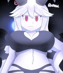 1girls 2020s 2026 bat_wings big_breasts bikini black_bikini black_bra bra breasts demon demon_girl eyelashes female female_only funamusea glowing horn_piercing horned_humanoid horns long_hair looking_at_viewer red_eyes reficul solo the_gray_garden white_body white_hair white_skin wings
