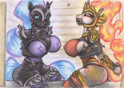 4_fingers angry anthro armor arms_tied armwear artist_logo athletic athletic_anthro athletic_female bdsm big_breasts black_body blue_eyes blue_hair bondage bound breast_bondage breast_squeeze breasts butt clothed clothed_anthro clothed_female clothed_male clothing collar colored_pencil_(artwork) curvy_figure daybreaker_(mlp) duo equid equine eye_contact eyebrows eyelashes female fingers friendship_is_magic fully_bound fully_clothed fully_clothed_anthro fully_clothed_female gag gagged gauntlets gloves graphite_(artwork) hair hands_behind_back hands_tied handwear hasbro headgear headwear horn horse inside leg_armor legs_tied legwear logo looking_at_another male mammal muffled my_little_pony mythological_creature mythological_equine mythology navel nightmare_moon_(mlp) nipple_outline orange_hair panties pony pupils restraints rope rope_bondage rope_harness sitting sitting_on_object slit_pupils spiritalpha squeezing submissive submissive_anthro submissive_female tape tape_gag thick_thighs topwear traditional_media_(artwork) underwear unicorn unicorn_horn wall_(structure) white_body wood wood_wall wooden_horse_(device) yellow_eyes