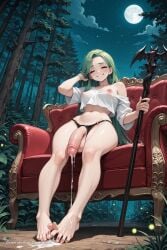 1girl 2d ahegao ai_assisted ai_generated arched_back blonde closed_eyes colorful crop_top cumshot detailed_background detailed_eyes detailed_face detailed_feet dripping_cum embarrassed femboy fireflies foreshortening forest from_below front_view futa girthy_penis glowing green_eyes green_hair hand_in_hair highres holding_staff huge_balls jerking_off looking_at_viewer mature_body moon night night_sky off_shoulder orgasming pink_nipples planted_weapon scenery self_footjob solo top_pulled_up unicorn_overlord vibrant weapon white_shirt
