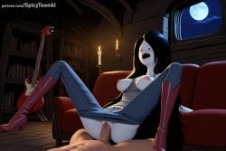 1boy 1girl adventure_time ai_generated black_hair blush boots breasts full_moon girl_on_top hetero hi_res high_heel_boots high_heels high_quality high_resolution instrument large_breasts long_hair marceline moon night nipples open_mouth patreon penis seductive sex sexy solo_focus spicytoonai spread_legs uncensored watermark window