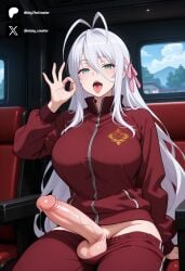1futa 1girl ai_generated antenna_hair big_breasts blush breasts car_interior clothes_pull cock colored dick erection from_front front_view futa_only futanari futanari/female futanarization green_eyes hair_between_eyes hair_ribbon highschool_dxd huge_penis jacket large_breasts large_penis large_testicles light_skin light_skinned_futanari long_hair long_sleeves looking_at_viewer nickythecreator open_mouth pants pants_pull penis red_jacket red_pants ribbon rossweisse saliva sexy sexy_body sexy_pose sitting solo testicles tits tongue tongue_out track_jacket track_suit uncensored veins veiny_penis white_hair