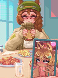 1girl ^_^ ahoge animal_ear_fluff blonde_hair blush braid brown_hair burger closed_eyes commentary cup dark-skinned_female dark_skin double-parted_bangs drinking_glass ears_through_headwear english_commentary facing_viewer fellatio food french_fries glasses green_hat hair_over_shoulder hat hdoomguy highres holding holding_burger holding_food holding_phone indie_virtual_youtuber indoors juxtaposition mint_castella mint_castella_(gyaru) mint_castella_(winter) official_alternate_costume oral penis phone pixel_art plate pov scarf semi-rimless_eyewear single_braid sleeves_past_wrists solo_focus under-rim_eyewear v wavy_mouth