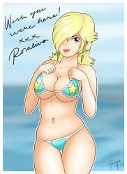 1girls artist_name beach big_breasts bikini blonde_hair blue_bikini blue_eyes breasts busty cleavage english_text female female_only hair_over_one_eye hands_on_chest highres large_breasts legs long_hair mario_(series) navel navel_piercing nintendo ocean piercing pose posing princess_rosalina red_lips rosalina sideboob smile solo swimsuit thighs underboob voluptuous water