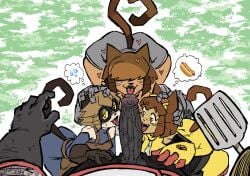 animal_ears brown_hair brown_overalls cat_ears cat_girl cat_tail cooperative_fellatio dress emoji erection fellatio gameoverse glitch_productions goggles hair_over_eyes heart heart-shaped_pupils hetero highres holding holding_spatula hot_dog incest incest_(lore) kit_(gameoverse) kit_bodega licking licking_penis looking_at_viewer mechanical_arms multicolored_hair oral orph_(gameoverse) overalls penis pov ruddyrzaq scratch_(gameoverse) short_hair spatula straight strapless sweat symbol-shaped_pupils tail teamwork_(sexual) tina_(gameoverse) tina_bodega tongue tongue_out two-tone_hair